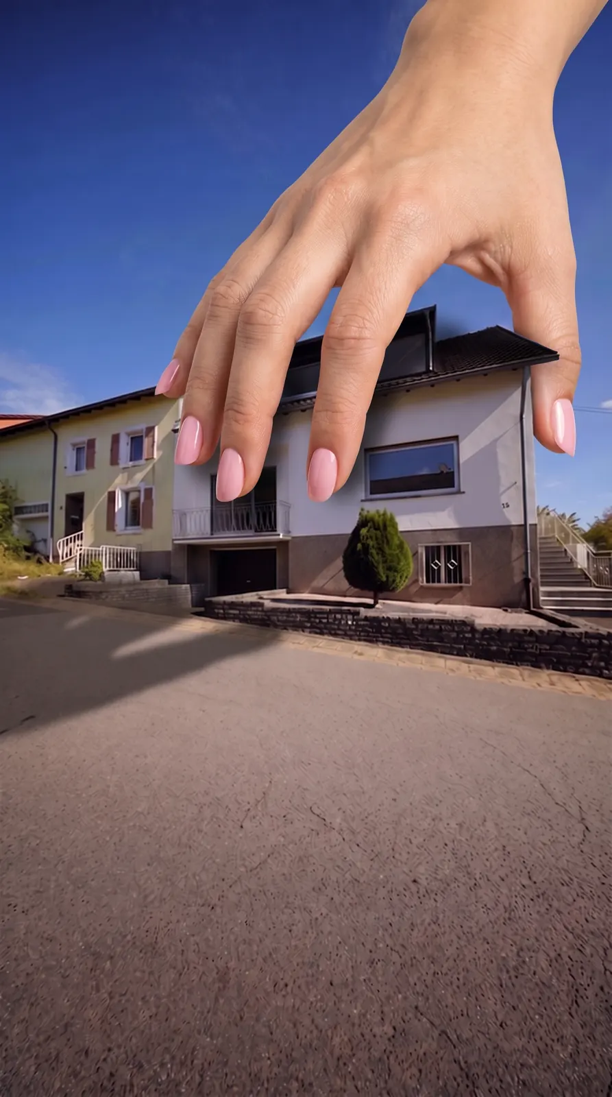 Hook: die Hand der Maklerin greift das Haus (KI-Szene)